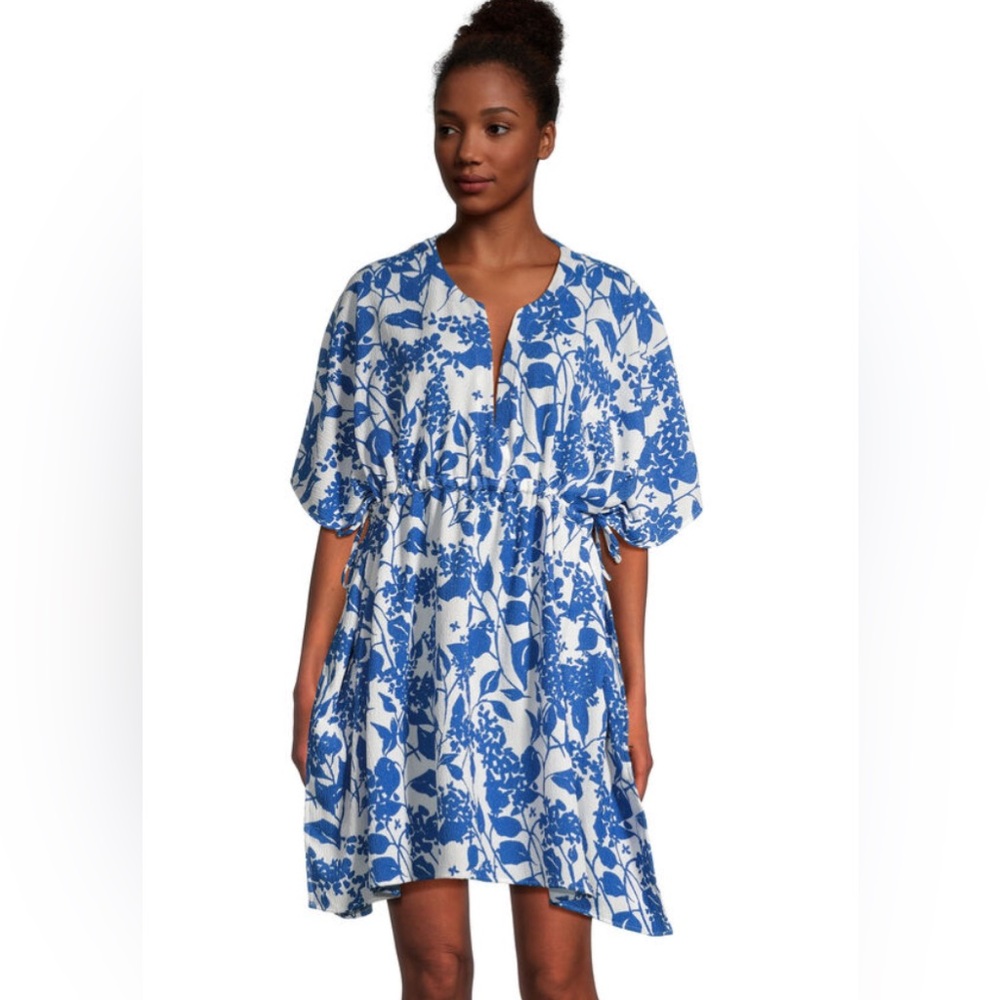 World Market Lanai Blue and White Floral Short Kaftan cover-up Dress One size